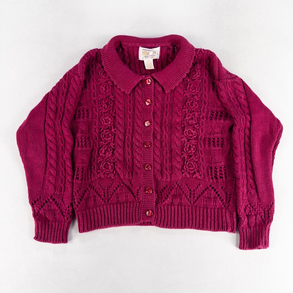 Ninon de Lenclos Womens Cardigan Size M Pink Cable Floral Rosette Cottage Vtg